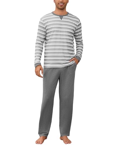 Bresdk Schlafanzug Herren Pyjama Set Lang Baumwolle mit Kontraststreifen Pyjamahose Herren Lang Winter Nachtwäsche Weicher und Bequemer Grau + Weiß M von Bresdk
