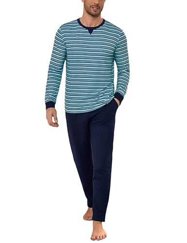 Bresdk Schlafanzug Herren Pyjama Set Lang Baumwolle mit Kontraststreifen Pyjamahose Herren Lang Winter Nachtwäsche Weicher und Bequemer Marineblau + Blaugrün M von Bresdk