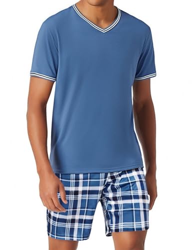 Bresdk Schlafanzug Herren kurz Baumwolle Sommer Pyjama Set Nachtwäsche Kurzarm V-Ausschnitt und Shorty Schlafanzughose von Bresdk