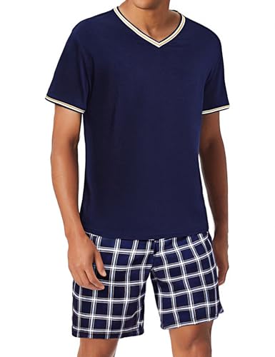 Bresdk Schlafanzug Herren kurz Baumwolle Sommer Pyjama Set Nachtwäsche Kurzarm V-Ausschnitt und Shorty Schlafanzughose von Bresdk