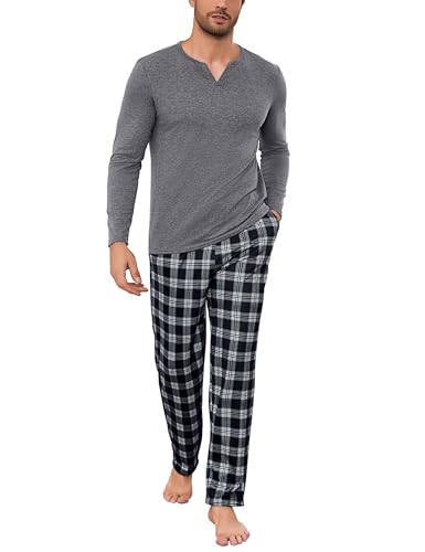 Bresdk Schlafanzug Herren lang Baumwolle Winter Pyjama Langarm mit Schlafanzughose Grau M von Bresdk