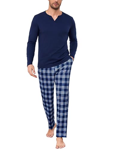 Bresdk Schlafanzug Herren lang Baumwolle Winter Pyjama mit Schlafanzughose Blau A M von Bresdk