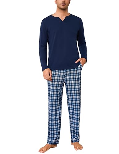 Bresdk Schlafanzug Herren lang Baumwolle Winter V-Ausschnitt Kariert Pyjama Set aus Langarm Oberteil und Pyjamahose Hausanzug Herren kuschelig Blau B XL von Bresdk