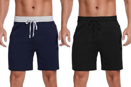 Bresdk Schlafanzughose Herren Freizeithose Baunwolle Sommer Nachtwäsche Kurze Hose für Männer 2er Schwarz Blau L von Bresdk