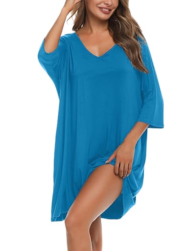 Bresdk Schlafshirt Damen Oversize Kurzarm Nachthemd Sommer Nachtwäsche Baumwolle Sleepshirt Klein Blau XXL von Bresdk