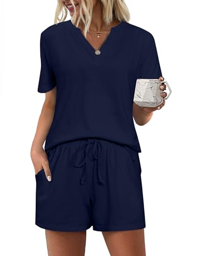 Bresdk Shorty Schlafanzug Damen Kurz Pyjama Baumwolle Sommer Bequem Nachtwäsche Blau S von Bresdk