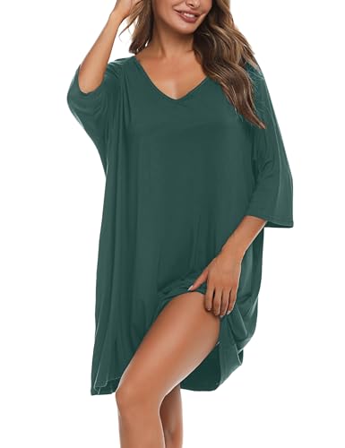 Bresdk Sleepshirt Damen Oversize Schlafshirt Baumwolle Sommer Nachthemd Bigshirts zum Schlafen Dunkelgrün M von Bresdk