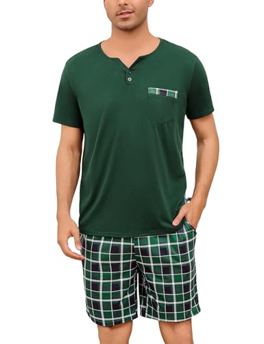 Bresdk Sommer Schlafanzug Herren Kurz Großen Größen Pyjama Set Elegant Hausanzug Grün Kariert XXL von Bresdk