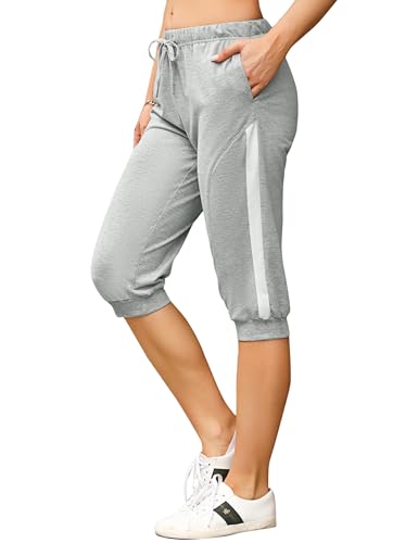 Bresdk Sommerhose Damen Leicht Freizeithose Kurz Sporthose Capri Hosen Sommer 3/4 Jogginghosen, Hellgrau M1010, L von Bresdk