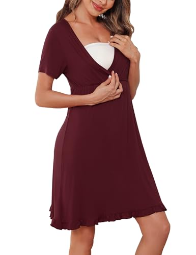 Bresdk Stillnachthemd Damen Nachthemd mit Stillfunktion Umstandskleid Umstandskleidung Nachthemden für Schwangere Rot XXL von Bresdk