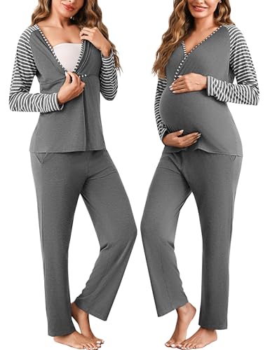 Bresdk Stillpyjama Damen Lang Zweiteiliger Schlafanzug Langarm Umstands Stillschlafanzug Baumwolle Pyjama Stillfunktion Geburt Set Maternity Pyjama Grau M von Bresdk