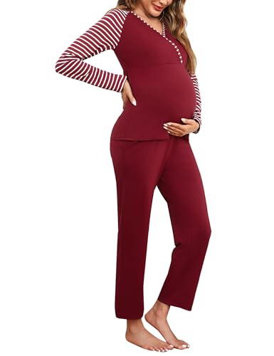 Bresdk Stillpyjama Damen Lang Zweiteiliger Schlafanzug Langarm Umstands Stillschlafanzug Baumwolle Pyjama Stillfunktion Geburt Set Maternity Pyjama Rot S von Bresdk