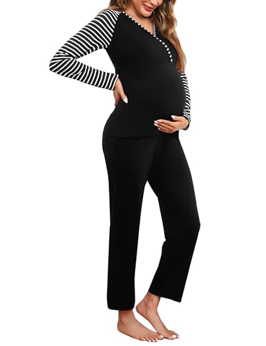 Bresdk Stillpyjama Damen Lang Zweiteiliger Schlafanzug Langarm Umstands Stillschlafanzug Baumwolle Pyjama Stillfunktion Geburt Set Maternity Pyjama Schwarz M von Bresdk