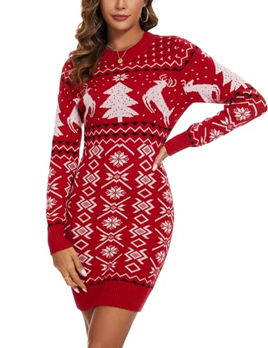 Bresdk Strickkleid Damen Weihnachtskleid Weihnachspullover Pulloverkleid Herbst Winter Rot XL von Bresdk