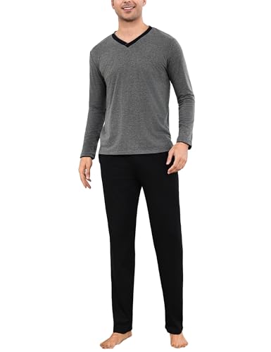 Bresdk Übergrößen Schlafanzug Herren Lang Winter Baumwolle Pyjama Set für Männer Grau Schwarz 3XL von Bresdk