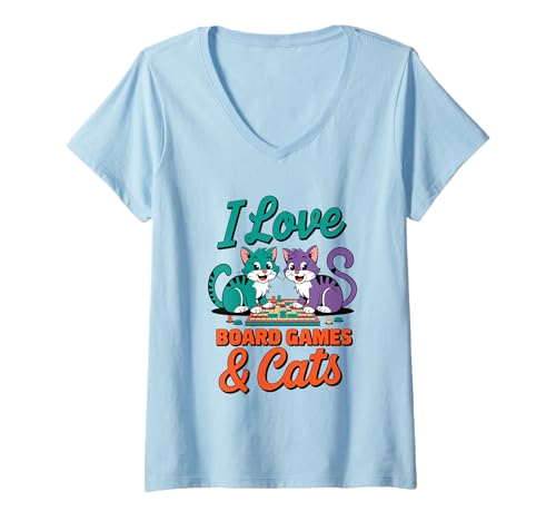 Damen I Love Board Games Cats Brettspiel Katze T-Shirt mit V-Ausschnitt von Brettspiel Katzen Boardgame Gamer Cat