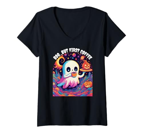 Damen Süßer Halloween-Geist trinkt Kaffee, Boo But First Coffee T-Shirt mit V-Ausschnitt Damen Süßer Halloween-Geist trinkt Kaffee, Boo But First Coffee T-Shirt mit V-Ausschnitt von Brew Before Boo Gear