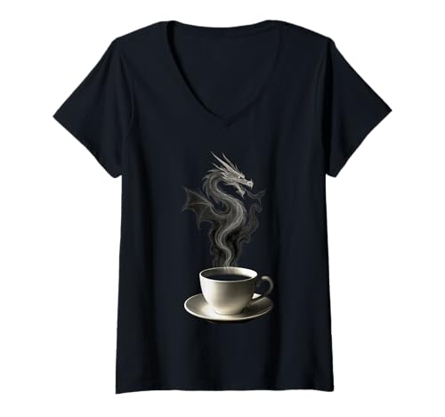 Damen Drachenform steigt aus Kaffeetasse Dampf T-Shirt mit V-Ausschnitt Damen Drachenform steigt aus Kaffeetasse Dampf T-Shirt mit V-Ausschnitt von Brewed Dragon