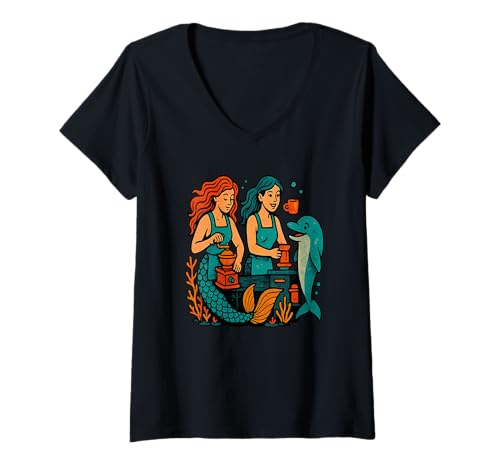 Damen Meerjungfrauen Machen Kaffee mit Delfin Unterwassercafe T-Shirt mit V-Ausschnitt Damen Meerjungfrauen Machen Kaffee mit Delfin Unterwassercafe T-Shirt mit V-Ausschnitt von Brewed Underwater