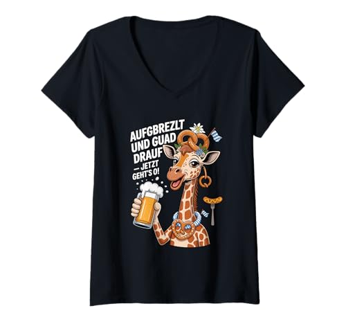 Damen Lustige Giraffe und Bier Oktober Bayern Design T-Shirt mit V-Ausschnitt von Brezn Weißwurst Volksfest Gaudi