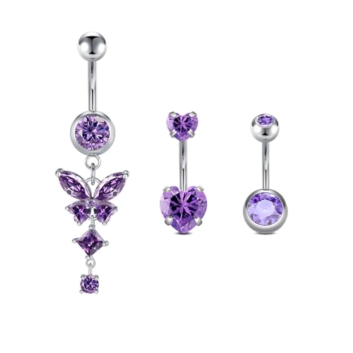 Briana Williams 3stk 14G Bauchnabelpiercing 10mm Silber Edelstahl Bauchnabel Ring Violett Schmetterling Herz CZ Piercing Schmuck für Frauen und Männer Briana Williams 3stk 14G Bauchnabelpiercing 10mm Silber Edelstahl Bauchnabel Ring Violett Schmetterling Herz CZ Piercing Schmuck für Frauen und Männer von Briana Williams