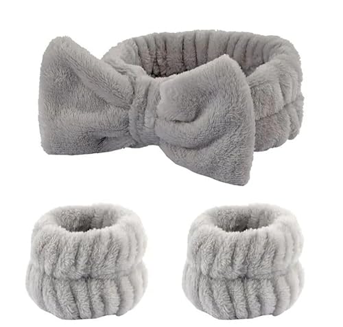 Luxuriöses Plüsch-Spa-Stirnband und -Armbänder für Hautpflege, super weich und saugfähig in Rosa und Grau, perfekt für Make-up, Stirnbänder für Frauen und Teenager-Mädchen (Grau) von Briar Belle