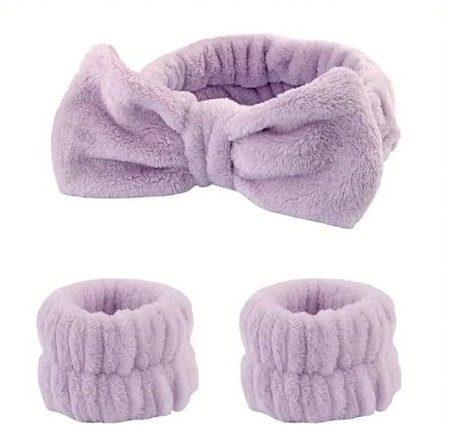 Luxuriöses Plüsch-Spa-Stirnband und -Armbänder für Hautpflege, super weich und saugfähig, in Rosa und Grau, perfekt für Make-up, Gesicht und Spa zu Hause, Violett von Briar Belle