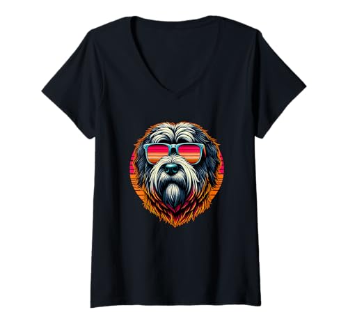 Damen Retro Sunset Sonnenbrille Briard Briards T-Shirt mit V-Ausschnitt von Briards Briard Lover Gifts