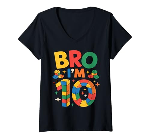 Damen Birthday Boy Bro I'm 10 Year Old Building Blocks Brick T-Shirt mit V-Ausschnitt von Brick Builder Birthday Boys Family