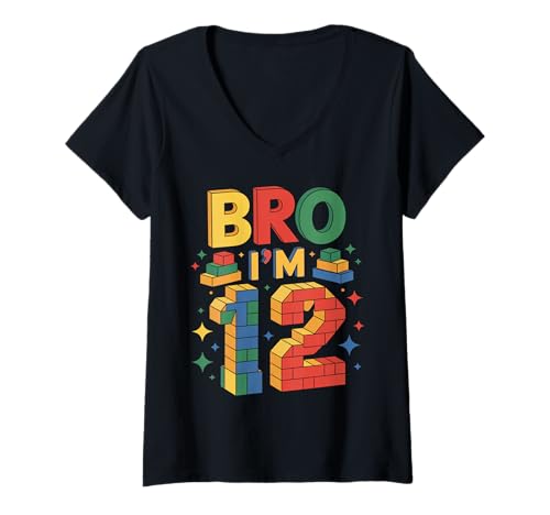 Damen Birthday Boy Bro I'm 12 Year Old Building Blocks Brick T-Shirt mit V-Ausschnitt von Brick Builder Birthday Boys Family