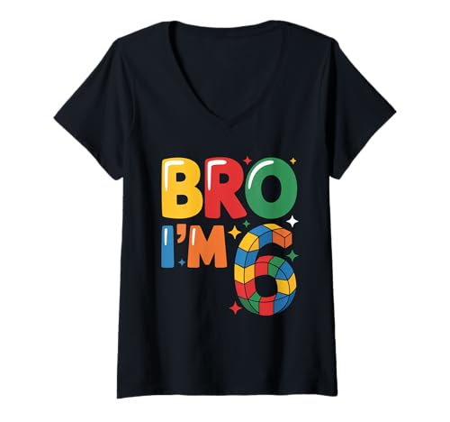 Damen Birthday Boy Bro I'm 6 Year Old Building Blocks Brick T-Shirt mit V-Ausschnitt von Brick Builder Birthday Boys Family
