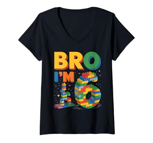 Damen Birthday Boy Bro I'm 6 Year Old Building Blocks Brick T-Shirt mit V-Ausschnitt von Brick Builder Birthday Boys Family