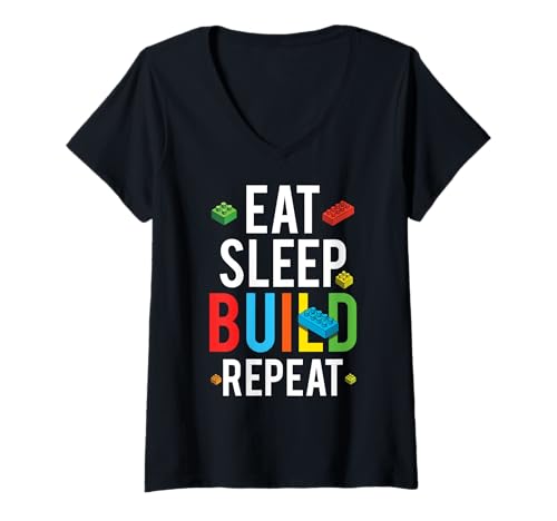 Damen Eat Sleep Build Repeat Lustiger Blockbausteinbauer T-Shirt mit V-Ausschnitt von Brick Builder Master Builder Kids Playing Blocks