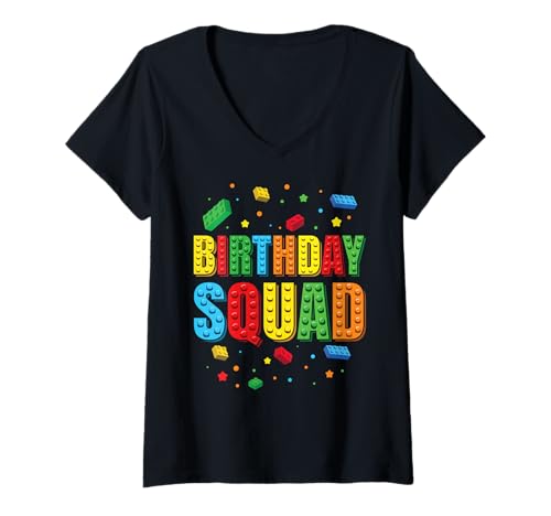 Damen Geburtstagskader spielt Bricks Block Building Brick Builder T-Shirt mit V-Ausschnitt von Brick Builder Master Builder Kids Playing Blocks