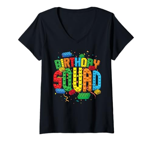 Damen Geburtstagskader spielt Bricks Brick Builder Block Building T-Shirt mit V-Ausschnitt von Brick Builder Master Builder Kids Playing Blocks