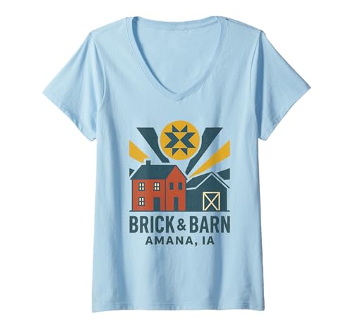 Damen Brick and Barn Hemdbluse Amana Iowa, Retro-Quilt, Sonnendesign T-Shirt mit V-Ausschnitt Damen Brick and Barn Hemdbluse Amana Iowa, Retro-Quilt, Sonnendesign T-Shirt mit V-Ausschnitt von Brick and Barn Tee Shirts for Amana Tourists
