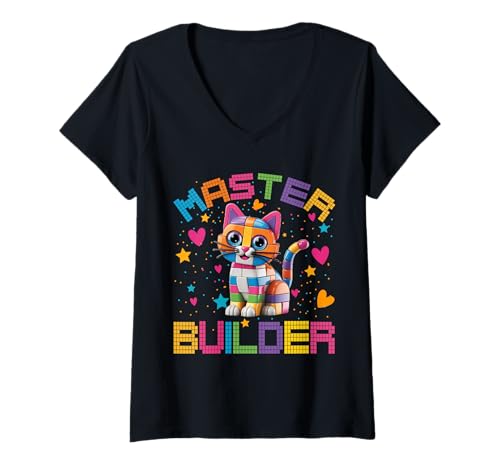 Damen Building Master Build Blocks Katzenliebhaber-Spielzeug für Kinder, Mädchen T-Shirt mit V-Ausschnitt von Brick cat Building Blocks - kids & Adult Toys Gift
