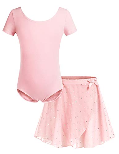 Ballettkleidung Ballettkleid Mädchen Ballettkostüme Kinder Ballett Trikot Kurzarm Tanzkleid Baumwolle Balletttrikot mit Chiffon Wickelrock Tütü Rosa 130 von Bricnat