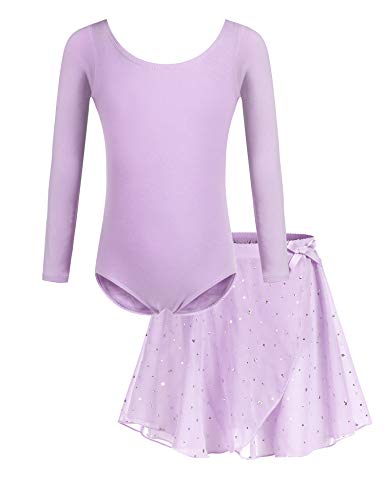 Bricnat Ballettkleider Mädchen Ballettkleidung Kinder Tanzbody Gymnastikanzug Balletttrikot Langarm Tanzkleid mit Tütü Kinder Baumwolle Violett 150 von Bricnat