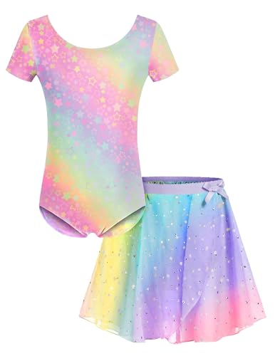 Bricnat Ballettkleidung Mädchen Ballettkleid Kinder Kurzarm Ballettanzug Tanzkleid Ballett Outfit Turnanzug Ballett Trikot mit Rock Tütü Regenbogen 120 von Bricnat