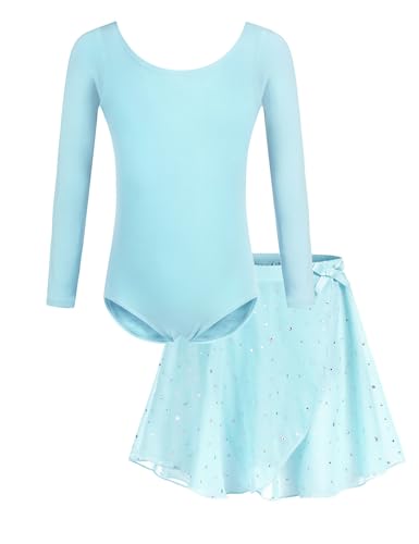 Bricnat Ballettkleidung Mädchen Ballettkleid Kinder Tanzbody Gymnastikanzug Balletttrikot Langarm Tanzkleid mit Tütü Kinder Baumwolle Türkis 140 von Bricnat