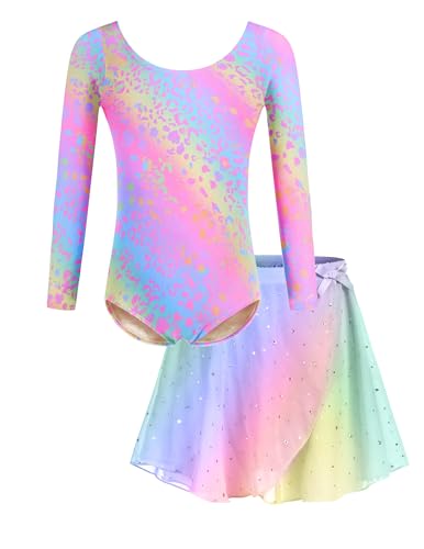Bricnat Ballettkleidung Mädchen Langarm Tanzkleid Kinder Baumwolle Balletttrikot Ballettkleid Ballettanzug Tanzbody mit Rock Tütü Regenbogen 150 von Bricnat