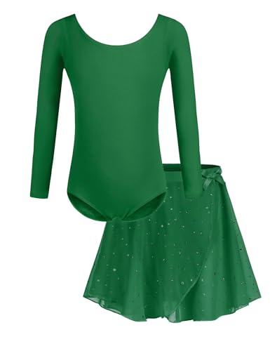 Bricnat Kinder Ballettkleidung Mädchen Ballettkleid Tanzbody Gymnastikanzug Balletttrikot Langarm Tanzkleid mit Tütü Kinder Baumwolle Grün 120 von Bricnat