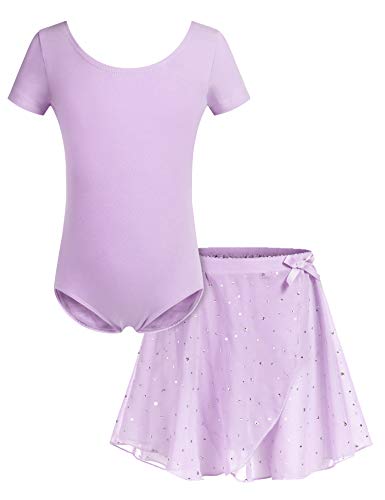 Bricnat Mädchen Ballettkleidung Ballettkleid Kinder Baumwolle Tanzbody Gymnastikanzug Balletttrikot Kurzarm Tanzkleid mit Tütü 9 Jahre Violett 160 von Bricnat