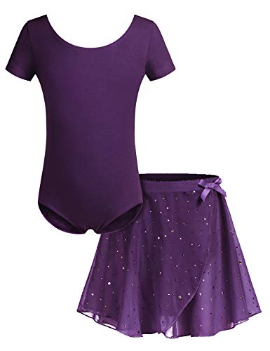 Bricnat Mädchen Ballettkleidung Ballettkleid Kurzarm Tanzbody Gymnastikanzug Balletttrikot Tanzkleid mit Tütü Kinder Baumwolle Lila 160 von Bricnat