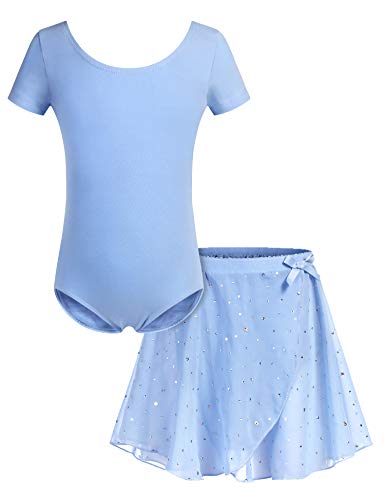 Bricnat Mädchen Ballettkleidung Ballettkleid Tanzbody Gymnastikanzug Balletttrikot Kurzarm Tanzkleid mit Tütü Kinder Baumwolle Blau 150 von Bricnat