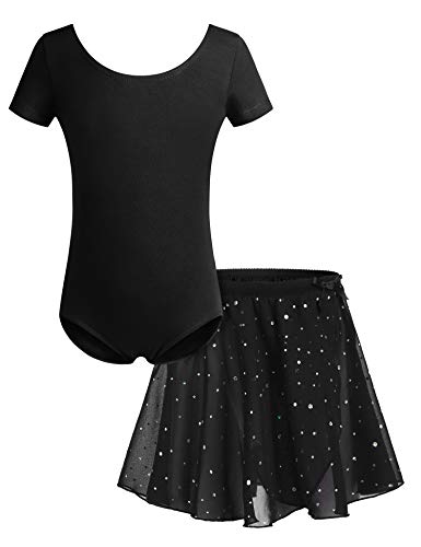 Bricnat Mädchen Ballettkleidung Ballettkleid Tanzbody Gymnastikanzug Balletttrikot Kurzarm Tanzkleid mit Tütü Kinder Baumwolle Schwarz 140 von Bricnat