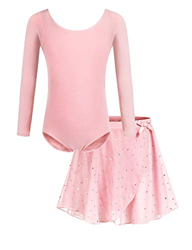 Bricnat Mädchen Ballettkleidung Kinder Ballettkleid Tanzbody Gymnastikanzug Balletttrikot Langarm Tanzkleid mit Tütü Kinder Baumwolle Rosa pink 140 von Bricnat