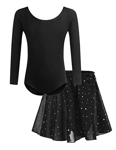 Bricnat Mädchen Ballettkleidung Kinder Ballettkleid Tanzbody Gymnastikanzug Balletttrikot Langarm Tanzkleid mit Tütü Kinder Baumwolle Schwarz 120 von Bricnat