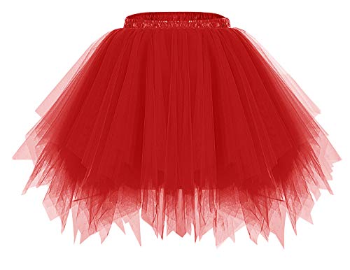 bridesmay Damen Tüll Rock Petticoat Unterrock Kurz Ballett Tutu 50er Rockabilly Tütü Mini Rock Karneval Kostüm Crinoline Rot Red L von bridesmay
